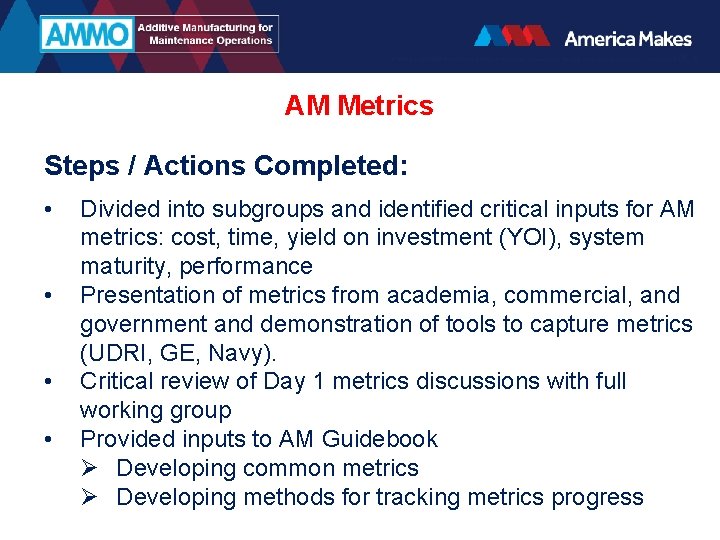 AM Metrics Steps / Actions Completed: • • Divided into subgroups and identified critical