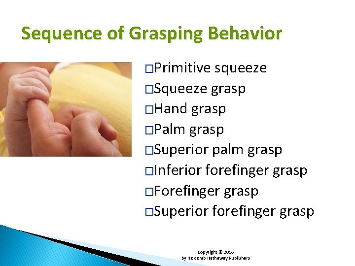 Sequence of Grasping Behavior �Primitive squeeze �Squeeze grasp �Hand grasp �Palm grasp �Superior palm