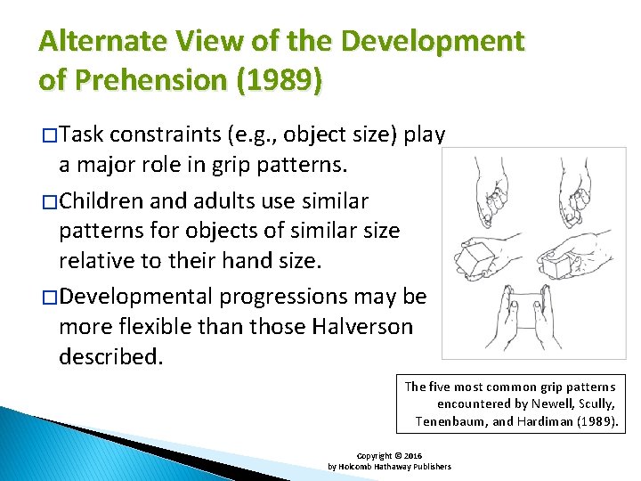Alternate View of the Development of Prehension (1989) � Task constraints (e. g. ,