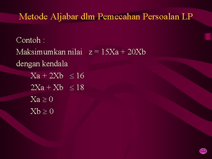 Metode Aljabar dlm Pemecahan Persoalan LP Contoh : Maksimumkan nilai z = 15 Xa