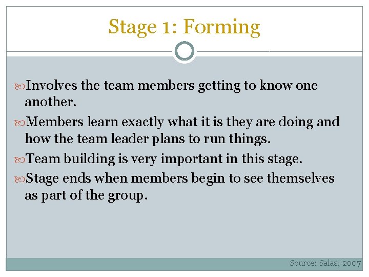 Stage 1: Forming Involves the team members getting to know one another. Members learn