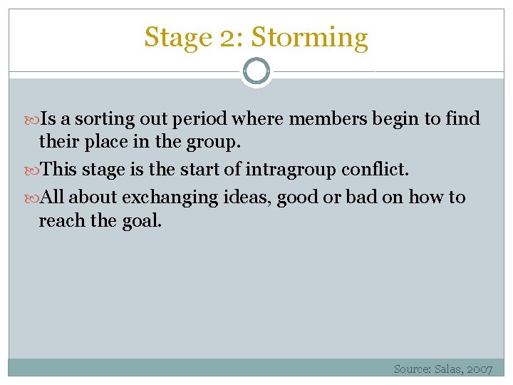 Stage 2: Storming Is a sorting out period where members begin to find their