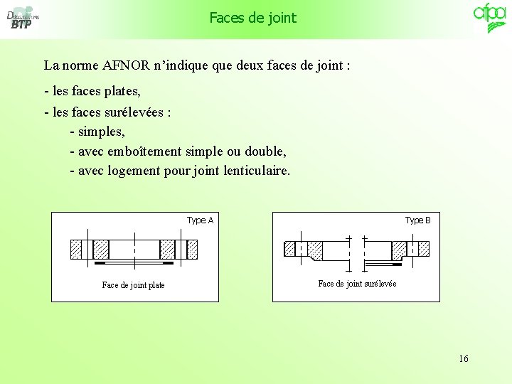 Faces de joint La norme AFNOR n’indique deux faces de joint : - les