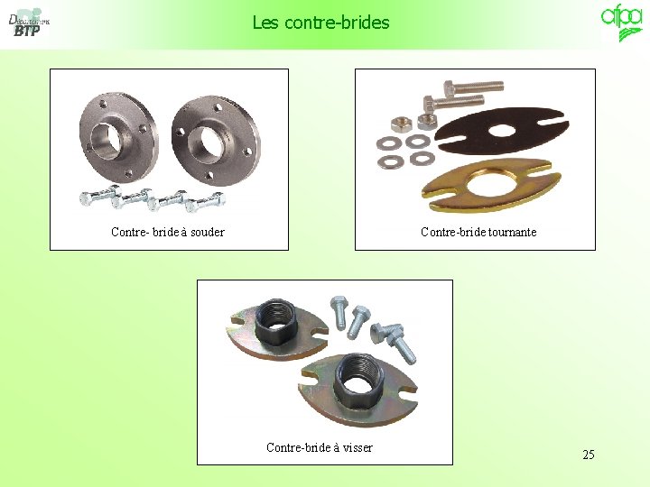 Les contre-brides Contre- bride à souder Contre-bride tournante Contre-bride à visser 25 