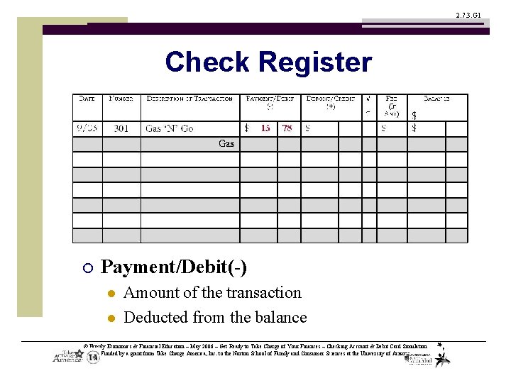 2. 7. 3. G 1 Check Register ¡ Payment/Debit(-) l l Amount of the