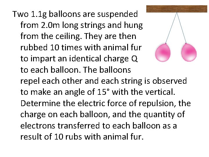 Two 1. 1 g balloons are suspended from 2. 0 m long strings and
