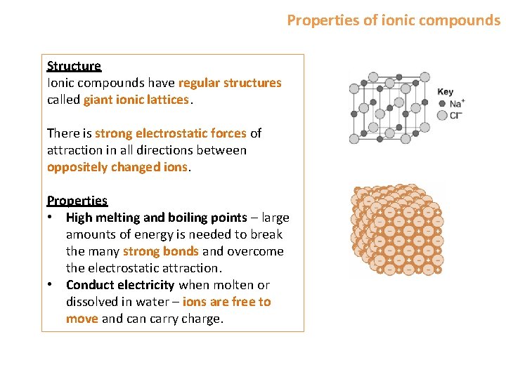 Properties of ionic compounds Structure Ionic compounds have regular structures called giant ionic lattices.