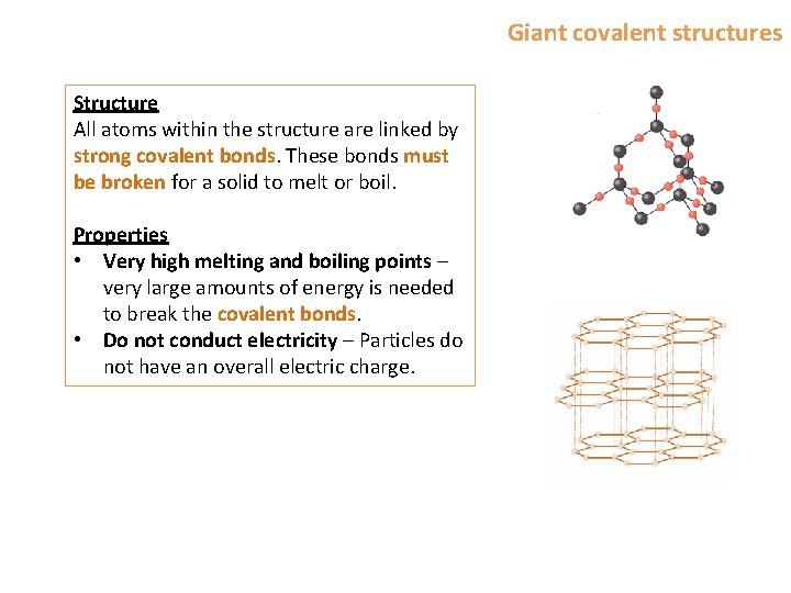 Giant covalent structures Structure All atoms within the structure are linked by strong covalent