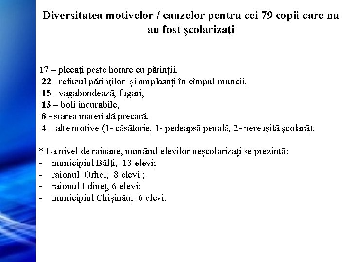 Diversitatea motivelor / cauzelor pentru cei 79 copii care nu au fost școlarizați 17