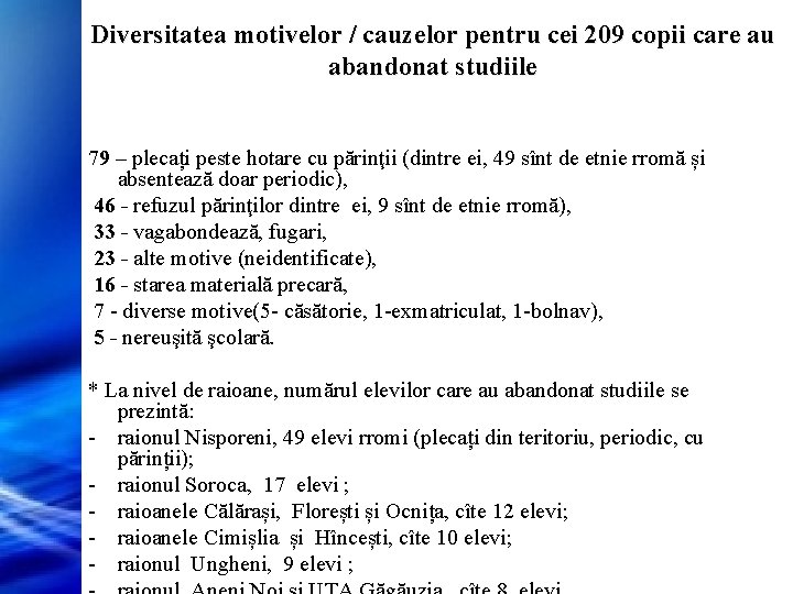 Diversitatea motivelor / cauzelor pentru cei 209 copii care au abandonat studiile 79 –