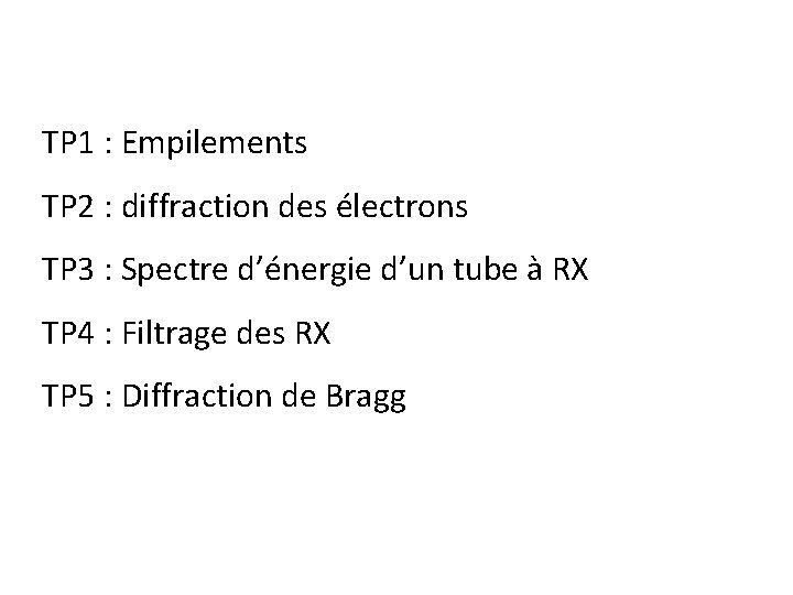 TP 1 : Empilements TP 2 : diffraction des électrons TP 3 : Spectre