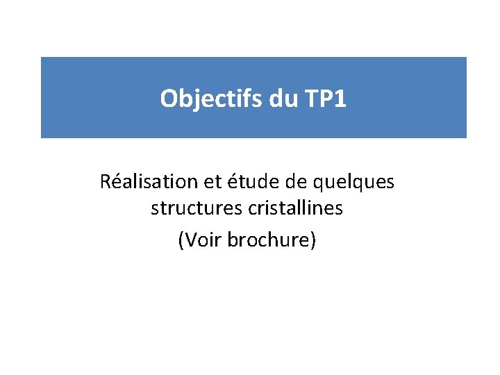 Objectifs du TP 1 Réalisation et étude de quelques structures cristallines (Voir brochure) 