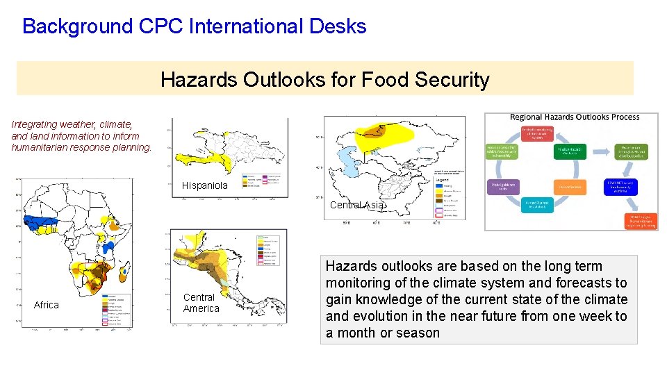 Background CPC International Desks Hazards Outlooks for Food Security Integrating weather, climate, and land