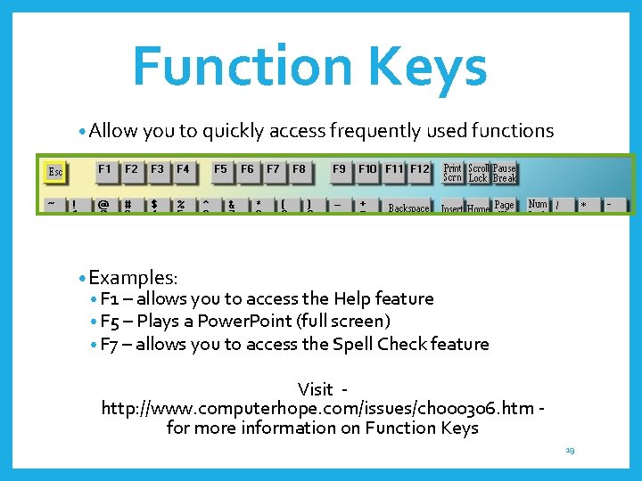 Function Keys • Allow you to quickly access frequently used functions • Examples: •