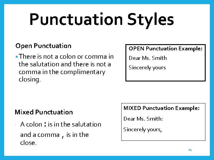 Punctuation Styles Open Punctuation • There is not a colon or comma in the