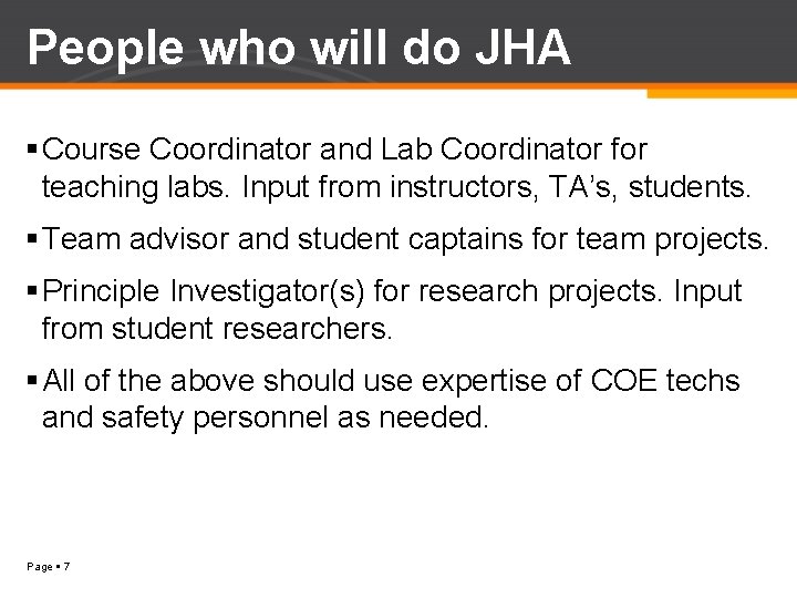 People who will do JHA Course Coordinator and Lab Coordinator for teaching labs. Input