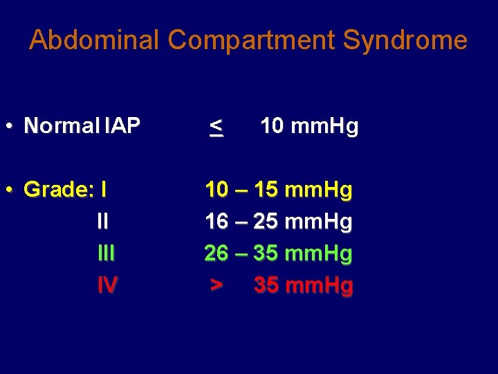 Abdominal Compartment Syndrome • Normal IAP < • Grade: I II IV 10 –