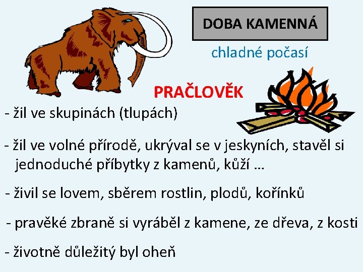 DOBA KAMENNÁ chladné počasí PRAČLOVĚK - žil ve skupinách (tlupách) - žil ve volné