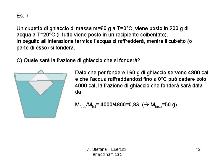 Es. 7 Un cubetto di ghiaccio di massa m=60 g a T=0°C, viene posto