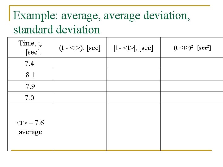 Example: average, average deviation, standard deviation Time, t, [sec]. 7. 4 8. 1 7.