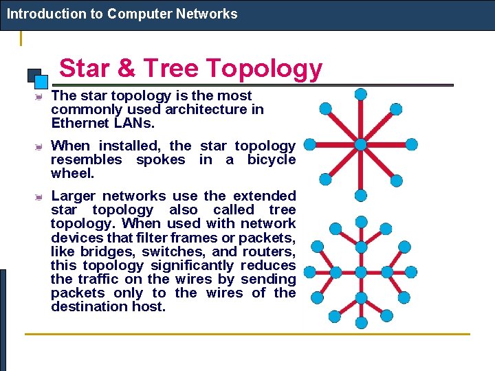 Introduction to Computer Networks Star & Tree Topology The star topology is the most