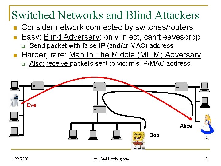 Switched Networks and Blind Attackers Consider network connected by switches/routers Easy: Blind Adversary: only