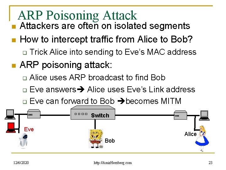 ARP Poisoning Attackers are often on isolated segments How to intercept traffic from Alice