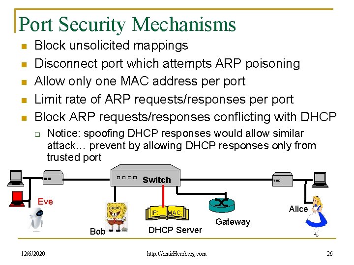 Port Security Mechanisms Block unsolicited mappings Disconnect port which attempts ARP poisoning Allow only