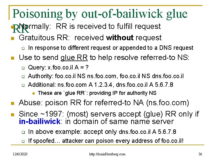 Poisoning by out-of-bailiwick glue Normally: RR is received to fulfill request RR Gratuitous RR: