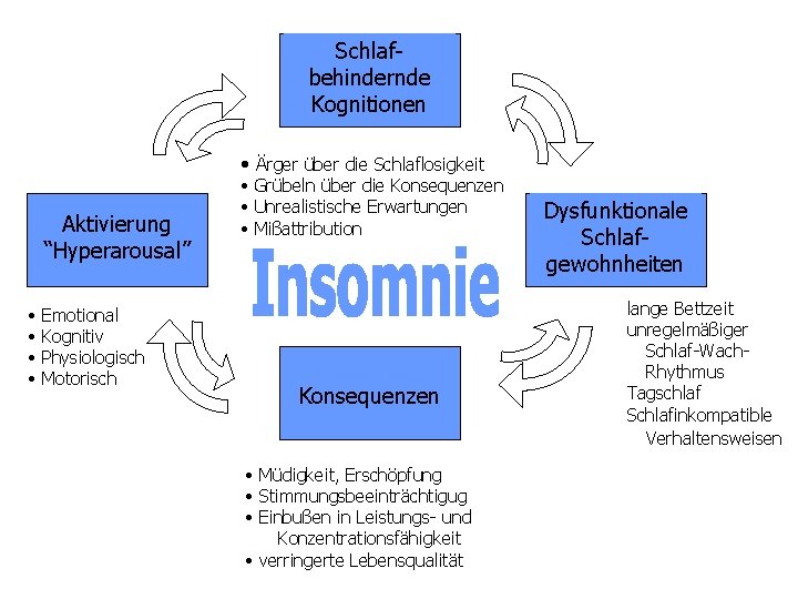 Schlafbehindernde Kognitionen • Ärger über die Schlaflosigkeit Aktivierung “Hyperarousal” • • Emotional Kognitiv Physiologisch