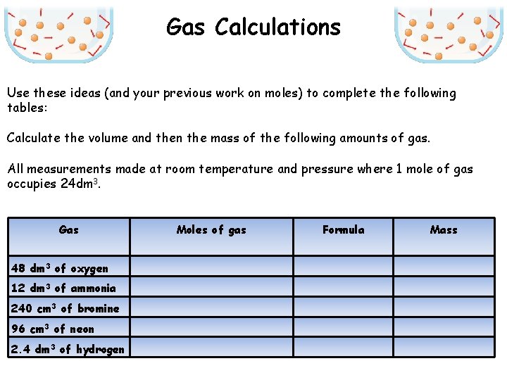 Gas Calculations Use these ideas (and your previous work on moles) to complete the