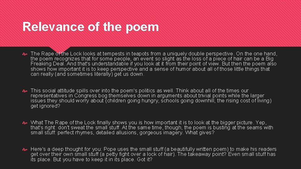 Relevance of the poem The Rape of the Lock looks at tempests in teapots