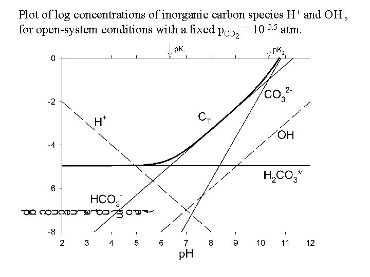 Plot of log concentrations of inorganic carbon species H+ and OH-, for open-system conditions