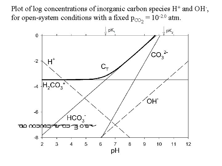 Plot of log concentrations of inorganic carbon species H+ and OH-, for open-system conditions