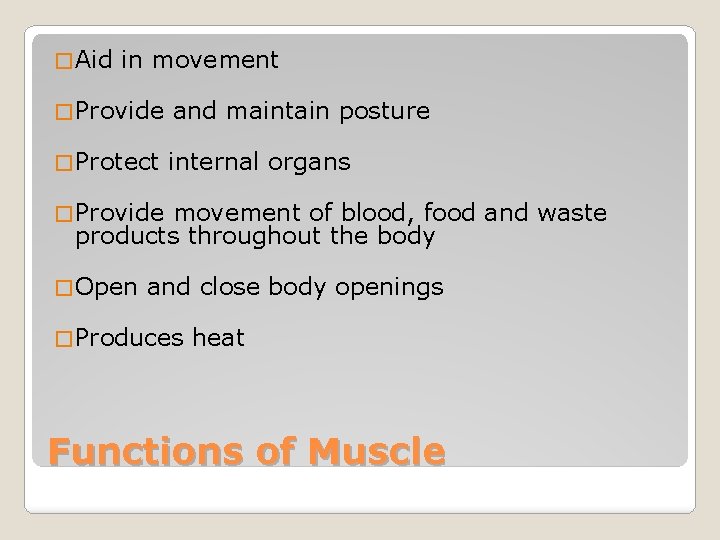 � Aid in movement � Provide and maintain posture � Protect internal organs �