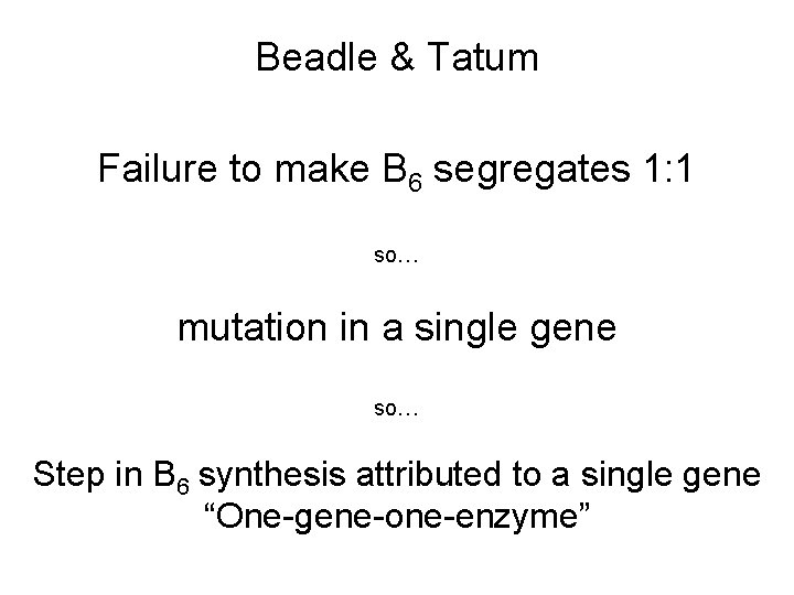 Beadle & Tatum Failure to make B 6 segregates 1: 1 so… mutation in