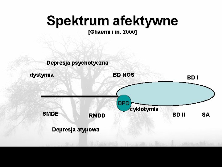 Spektrum afektywne [Ghaemi i in. 2000] Depresja psychotyczna dystymia BD NOS BPD SMDE RMDD