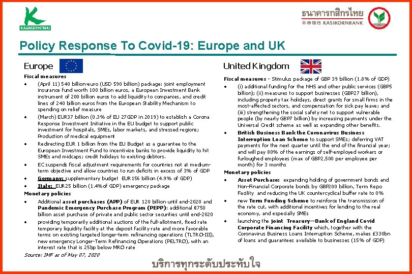 Policy Response To Covid-19: Europe and UK Europe United Kingdom Fiscal measures • (April