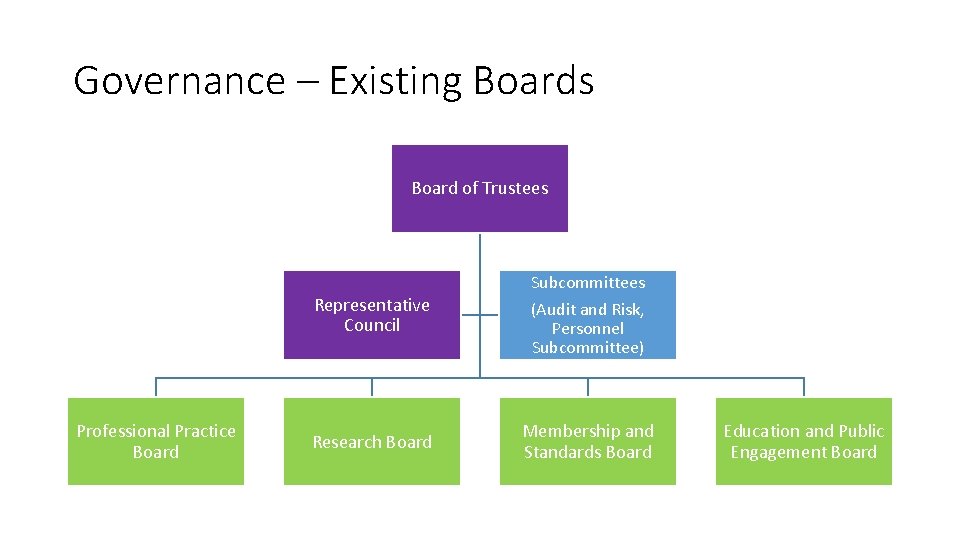 Governance – Existing Boards Board of Trustees Professional Practice Board Representative Council Subcommittees (Audit