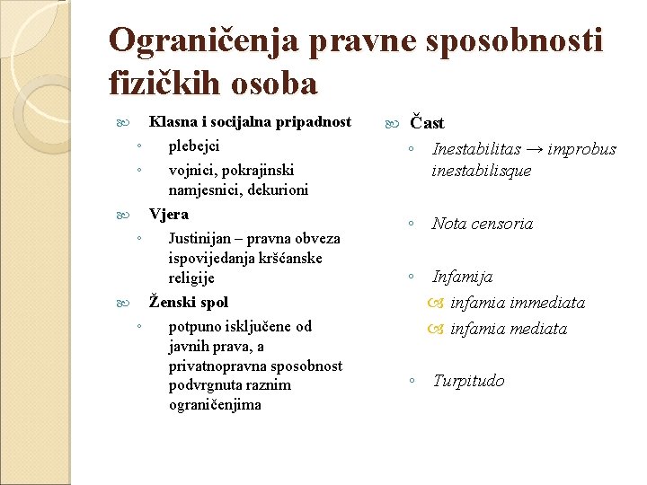 Ograničenja pravne sposobnosti fizičkih osoba Klasna i socijalna pripadnost ◦ ◦ plebejci vojnici, pokrajinski