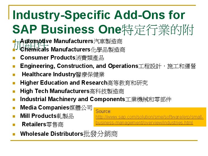 Industry-Specific Add-Ons for SAP Business One特定行業的附 Automotive Manufacturers汽車製造商 加組件 Chemicals Manufacturers化學品製造商 n n n
