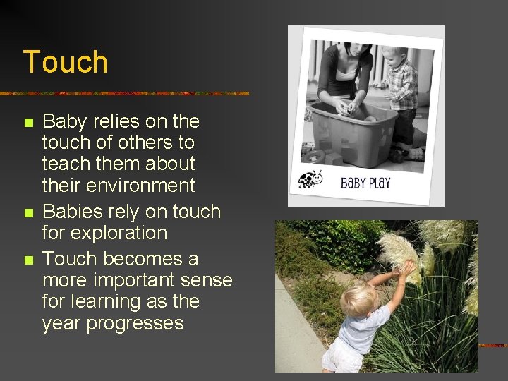Touch n n n Baby relies on the touch of others to teach them