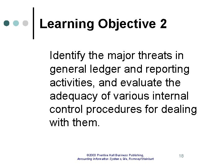 Learning Objective 2 Identify the major threats in general ledger and reporting activities, and