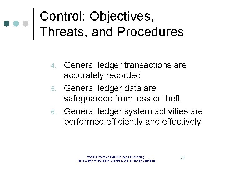 Control: Objectives, Threats, and Procedures 4. 5. 6. General ledger transactions are accurately recorded.