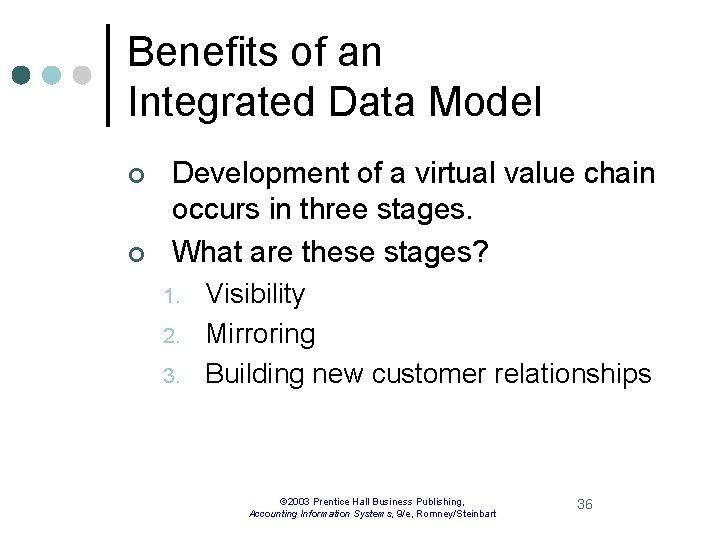 Benefits of an Integrated Data Model ¢ ¢ Development of a virtual value chain