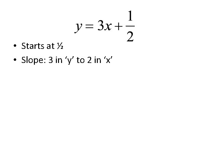  • Starts at ½ • Slope: 3 in ‘y’ to 2 in ‘x’