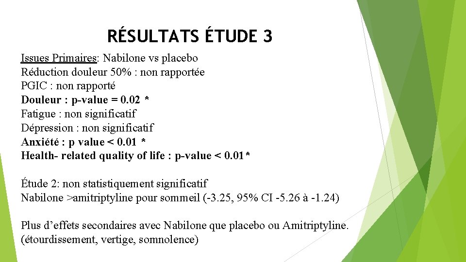 RÉSULTATS ÉTUDE 3 Issues Primaires: Nabilone vs placebo Réduction douleur 50% : non rapportée