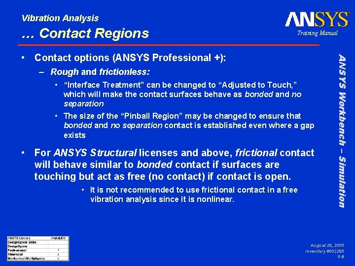 Vibration Analysis … Contact Regions Training Manual – Rough and frictionless: • “Interface Treatment”