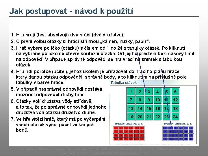 Jak postupovat – návod k použití 1. Hru hrají (test absolvují) dva hráči (dvě