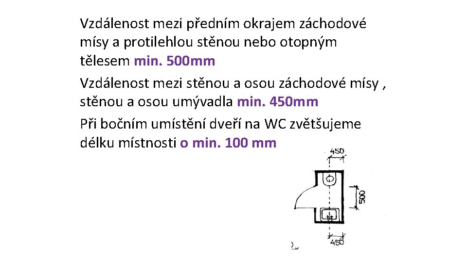 Vzdálenost mezi předním okrajem záchodové mísy a protilehlou stěnou nebo otopným tělesem min. 500